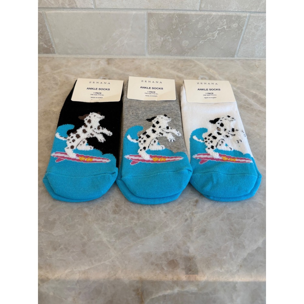 Zenana Outfitters Dalmatian Surf Pup Dog Ankle Socks 3 Pair Bundle Blue Black